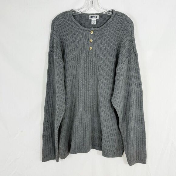 Vintage Aeropostale Sweater Mens Size XL Gray Henley Knit Ribbed Pullover - Picture 2 of 13